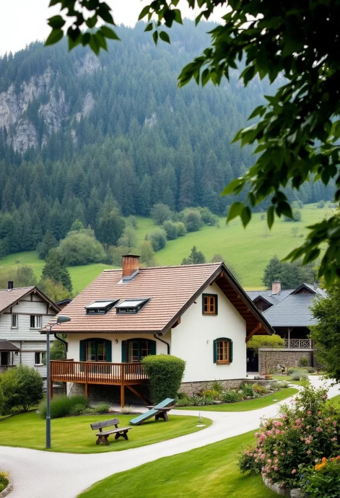 Picturesque alpine chalet nestled on a hillside, featuring a deck and charming green shutters.