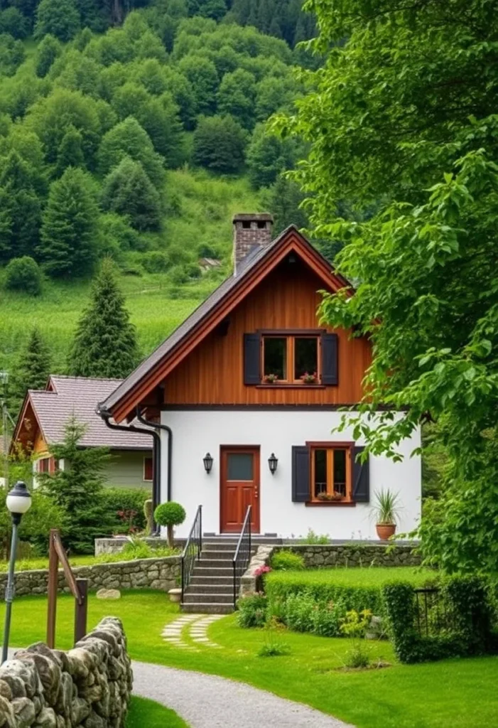 Charming alpine chalet featuring a stone staircase, wood paneling, and classic black shutters.