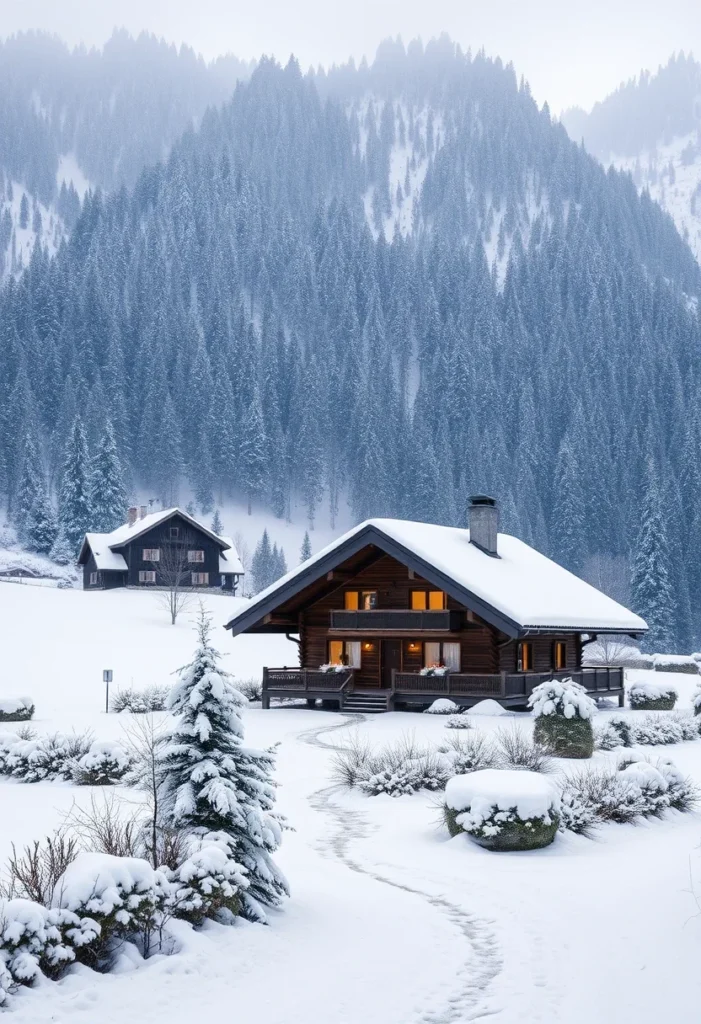 Stunning alpine chalet in a snowy landscape, evoking a cozy winter wonderland retreat.