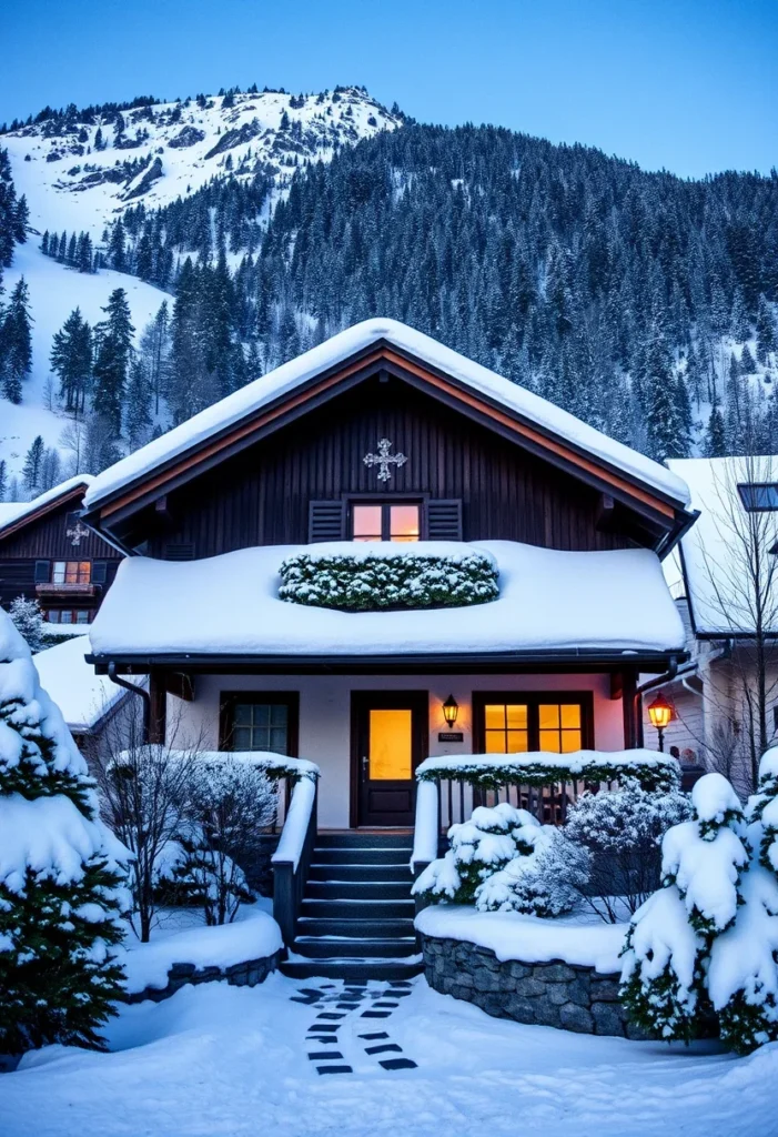 Cozy alpine chalet with snow-covered eaves and a warm, inviting glow from within.