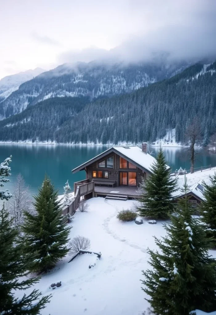 Modern alpine chalet with stunning lakeside views, featuring floor-to-ceiling windows and a spacious deck.