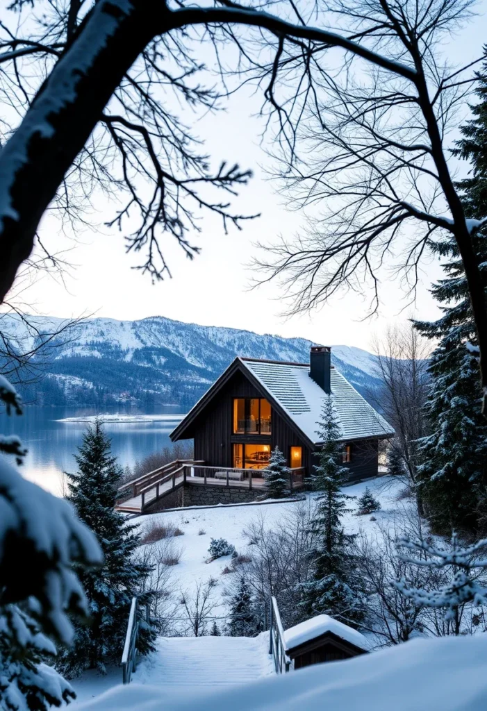 Picturesque alpine chalet framed by snow-covered trees, offering a tranquil winter retreat by the lake.