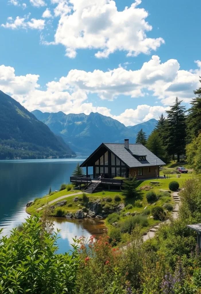 Stunning alpine chalet situated on a lake, perfect for enjoying summer in the mountains.