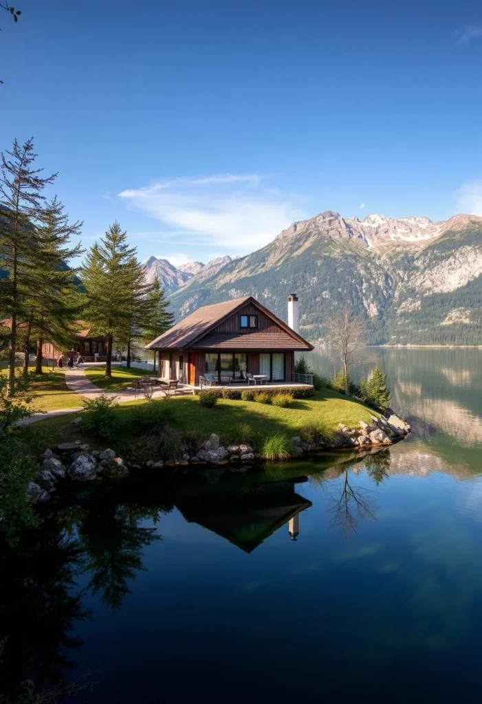 Modern alpine chalet perfectly reflected in a calm lake, showcasing the beauty of mountain living.