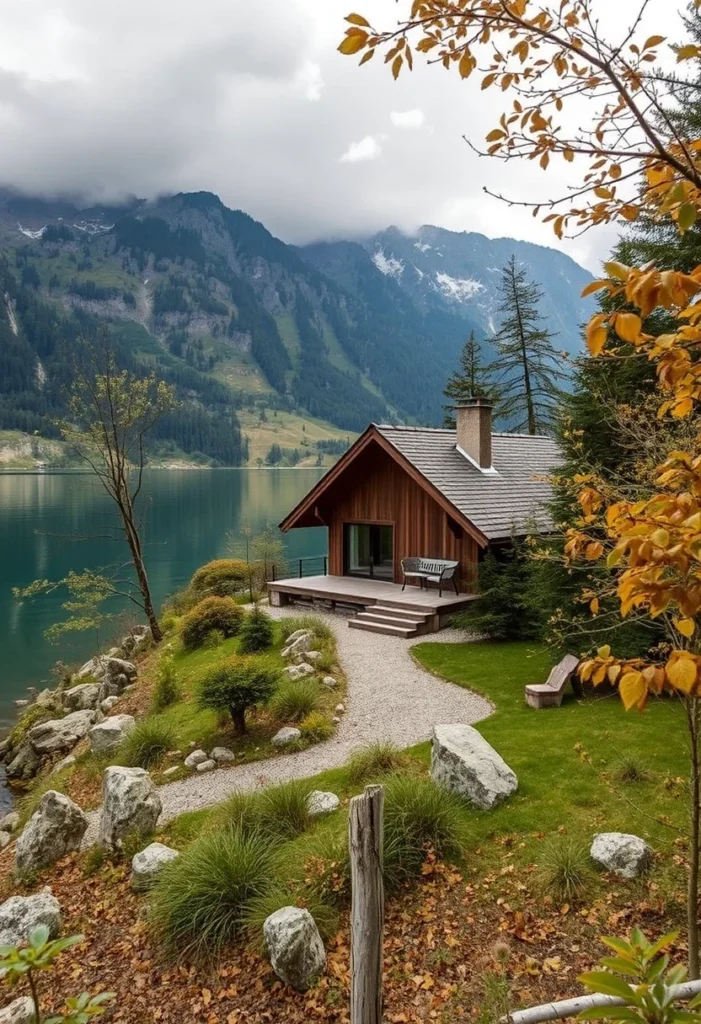 Charming alpine chalet on a lake during autumn, showcasing the beauty of fall colors.