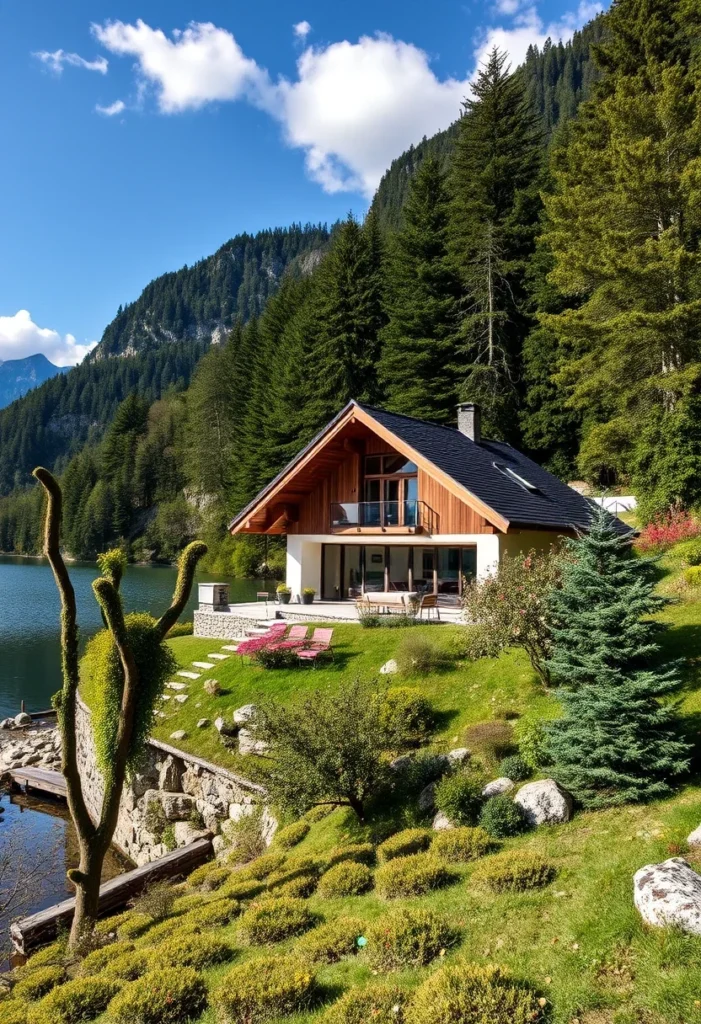 Modern alpine chalets with rustic touches, featuring large windows and beautiful lakeside views.