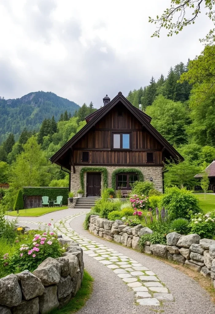 Rustic alpine chalet nestled among lush greenery, perfect for cozy mountain living.