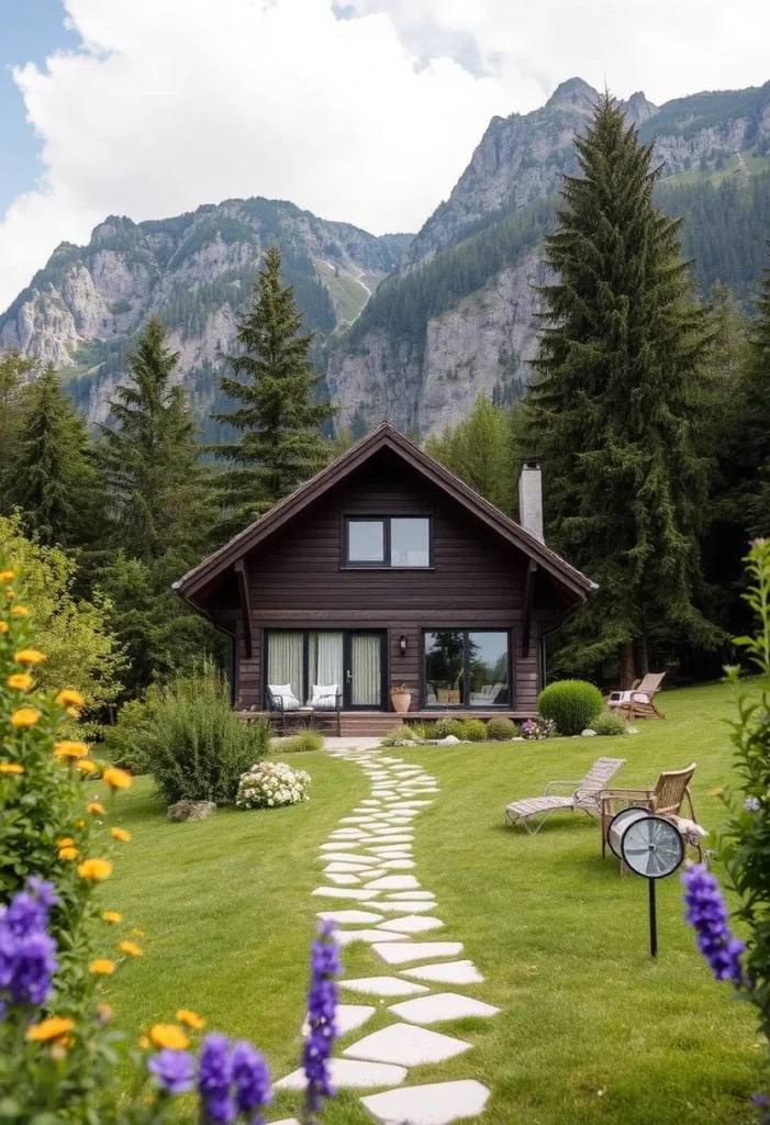 Inviting alpine chalets with a stone pathway, dark wood exterior, and stunning mountain views.