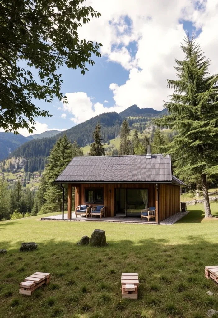 Minimalist alpine chalets featuring a clean design, warm wood exterior, and a covered porch.