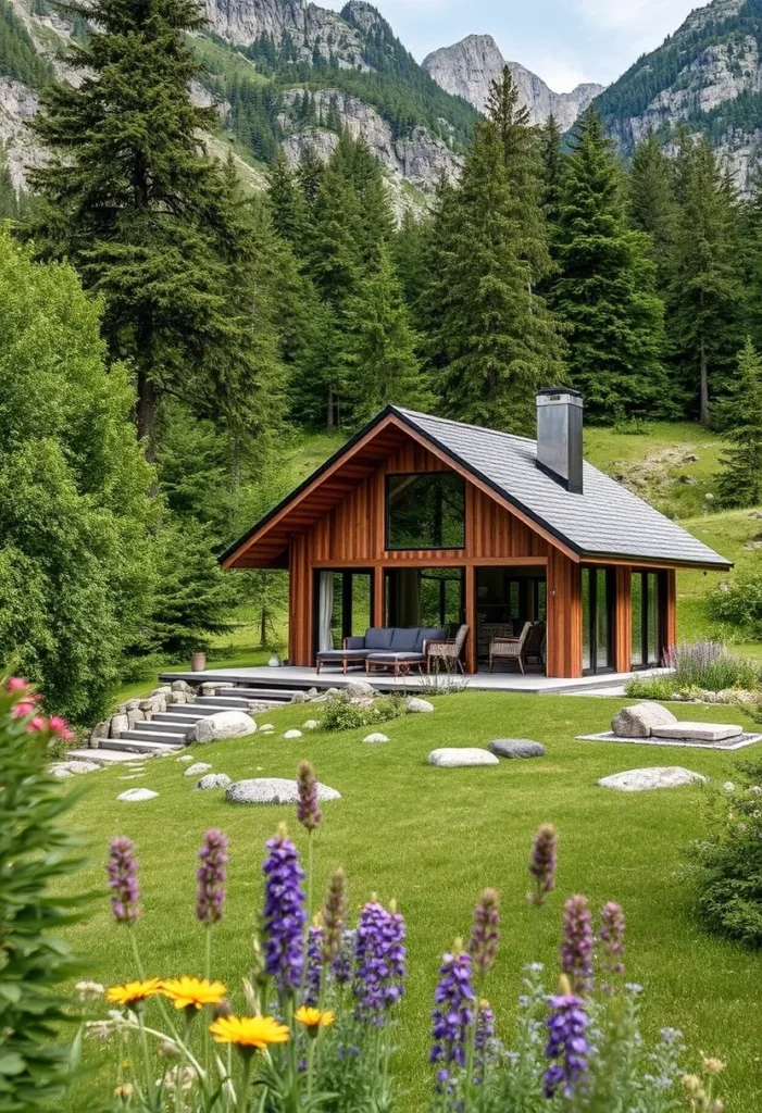 Beautiful alpine chalets designed to blend seamlessly with its natural surroundings, featuring large windows and natural landscaping.