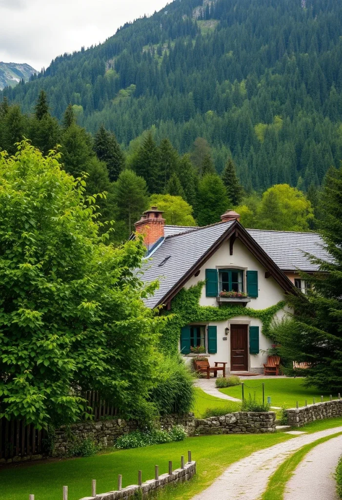 Charming alpine chalet with green shutters and ivy, ideal for inspiring mountain living.