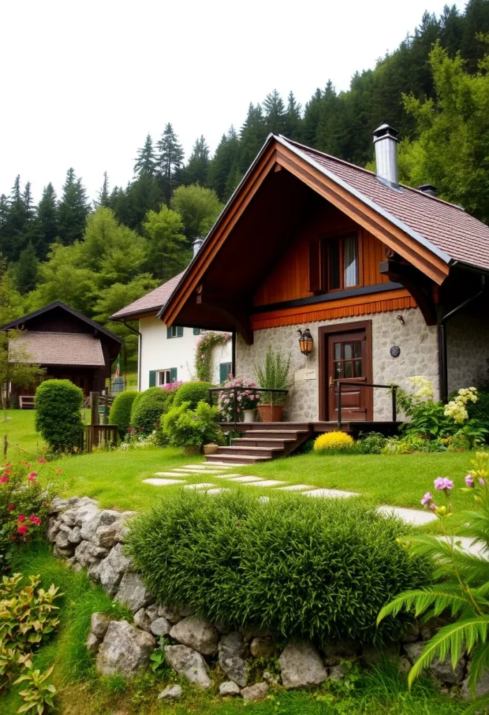 Inviting alpine chalet featuring warm wood tones, stone, and vibrant landscaping.