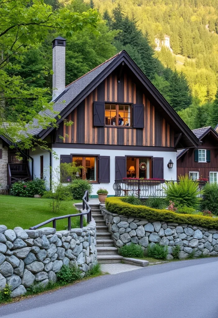 Alpine chalet design showcasing a harmonious blend of dark wood, stone, and subtle lighting.