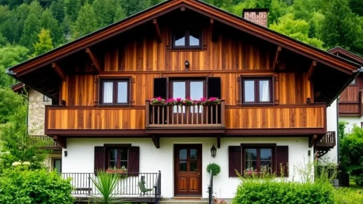 Beautiful alpine chalet featuring symmetrical design, warm wood tones, and inviting stone pathway.