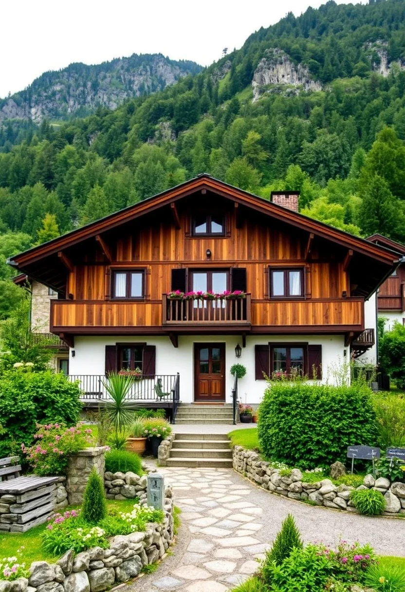 Beautiful alpine chalet featuring symmetrical design, warm wood tones, and inviting stone pathway.