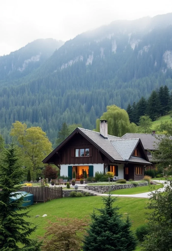 Stunning alpine chalet with large windows framing breathtaking mountain views.