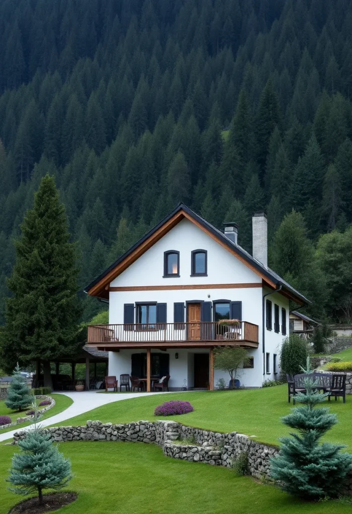 Elegant modern alpine chalet with a spacious balcony, perfect for enjoying mountain views.