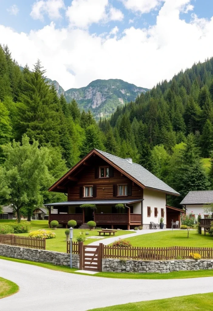 Inviting alpine chalet with a large wrap-around porch, ideal for outdoor mountain living.