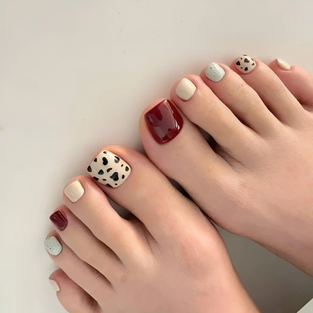 Cow print and burgundy toenail design.