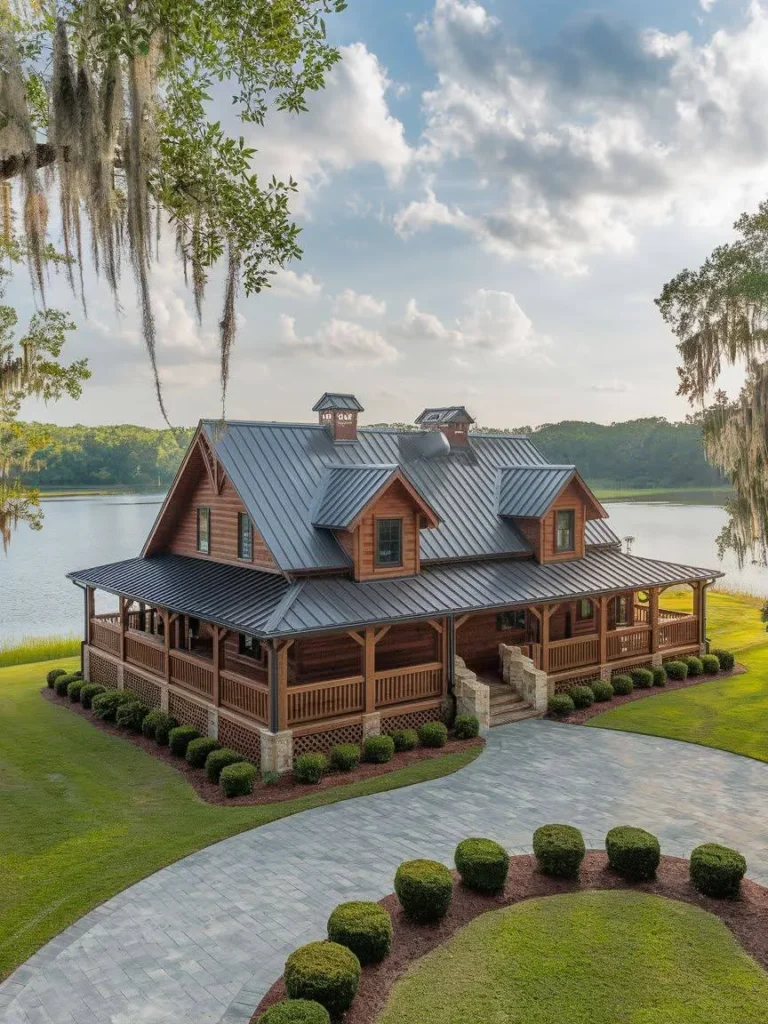 Farmhouse style home with wrap-around porch and metal roof