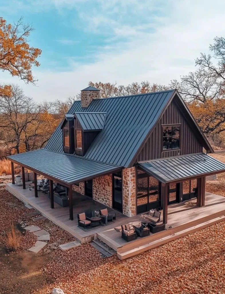 Modern farmhouse with stone accents and large covered porch.