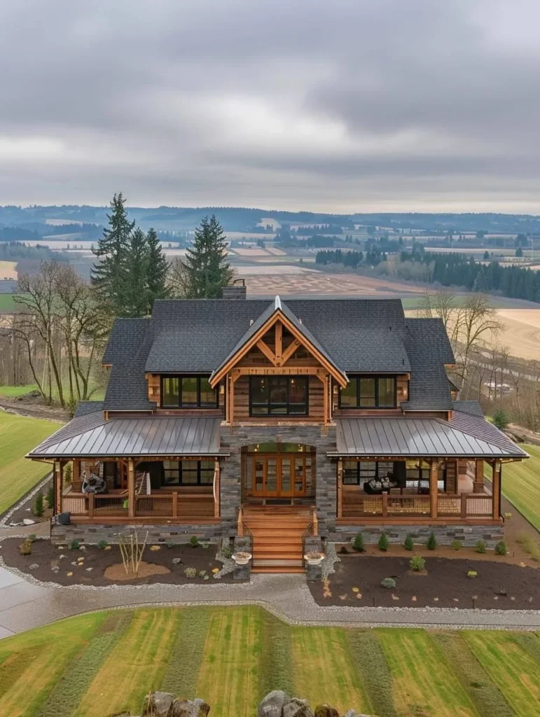 Farmhouse with grand entry, exposed beams, and stone pillars.