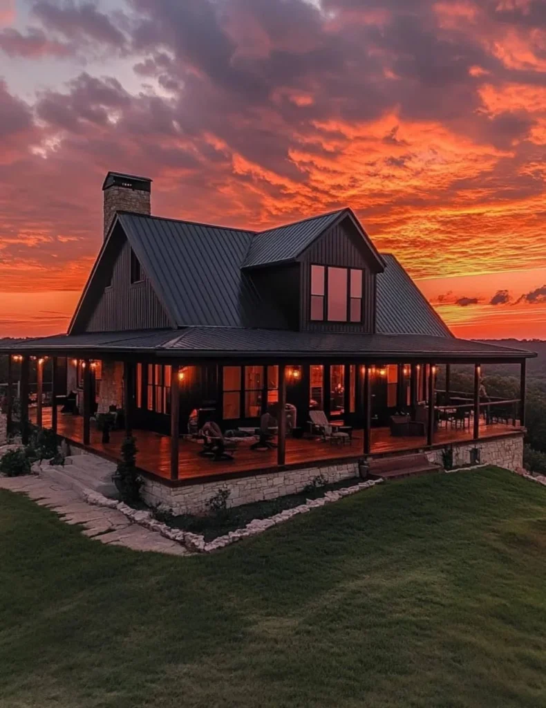 Farmhouse on a hill with wrap-around porch at sunset.