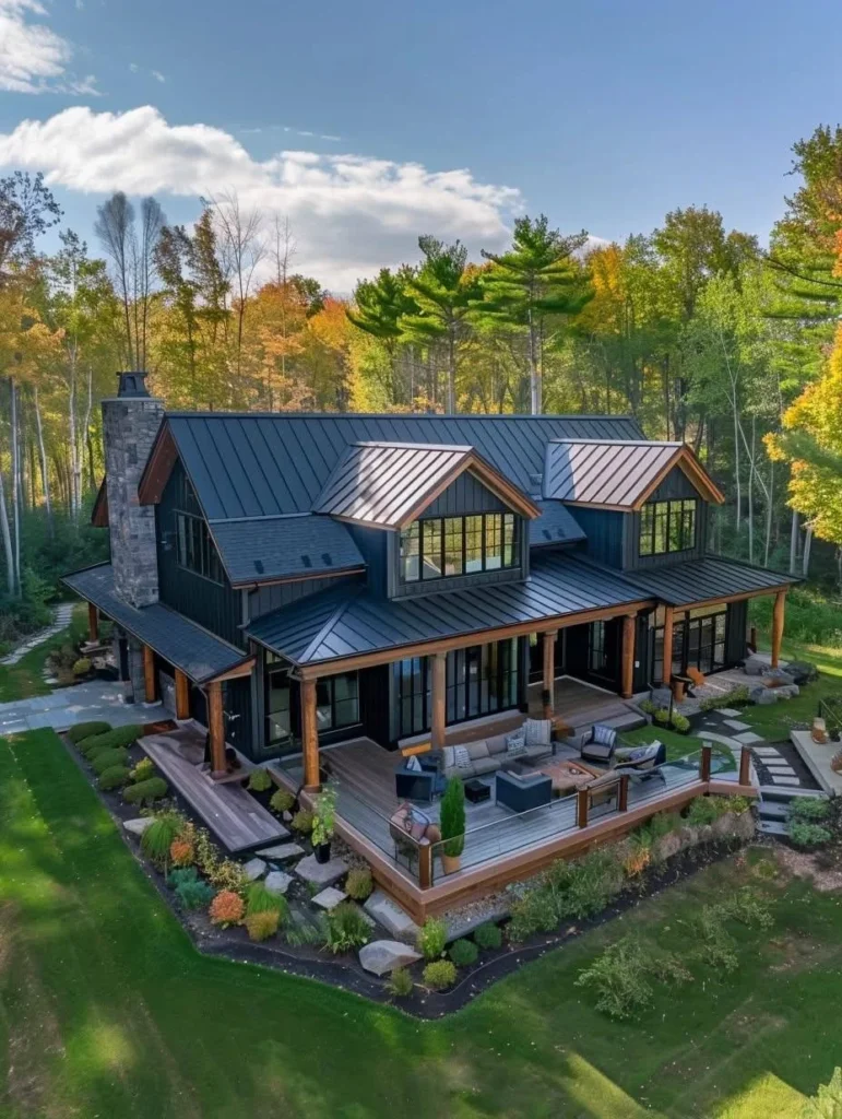 Modern farmhouse with multi-level decking and wood accents.