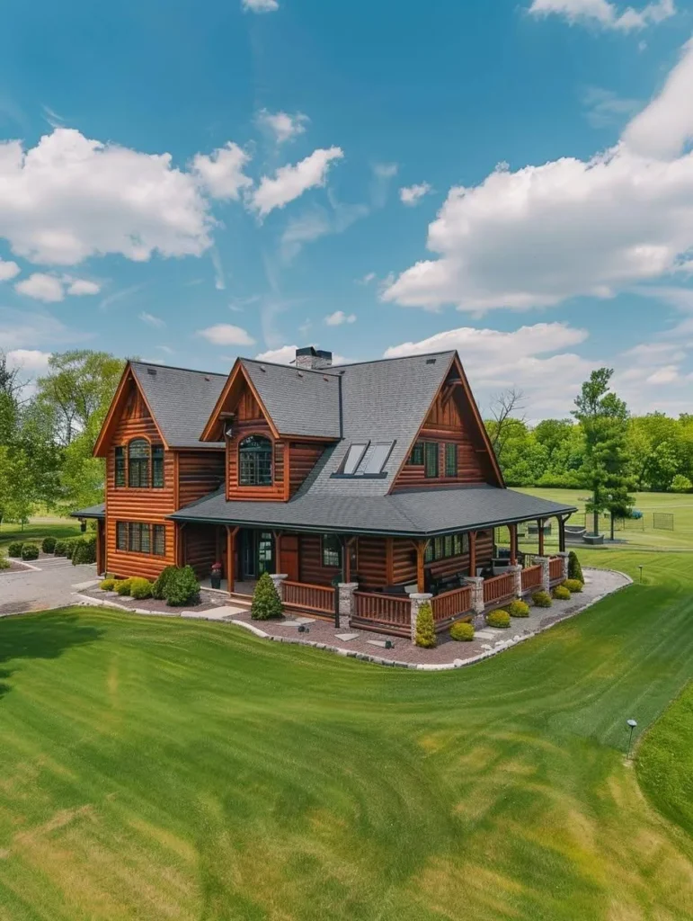 Farmhouse with hand-hewn log siding and wrap-around porch.