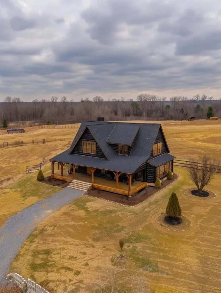 Dark farmhouse with wooden porch and expansive views.