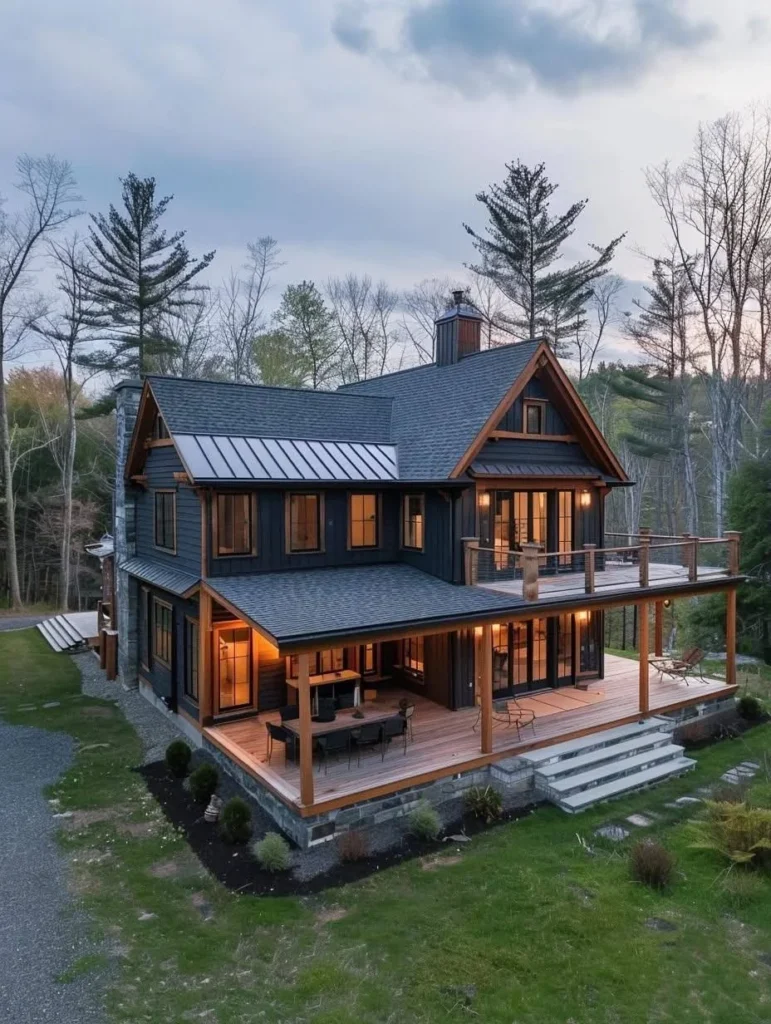 Rustic farmhouse with multi-level deck and dark exterior.