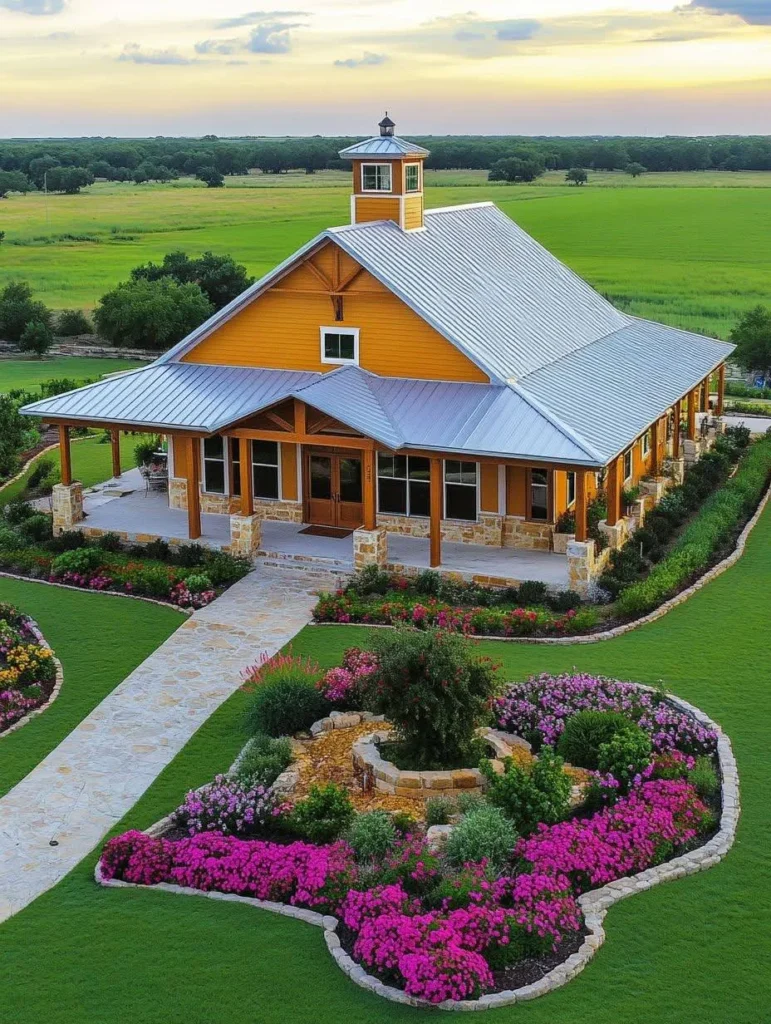 Yellow farmhouse with metal roof and expansive front porch.