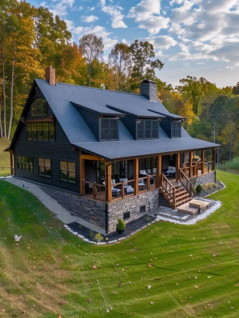 Farmhouse with stone foundation, dark siding, and covered porch.