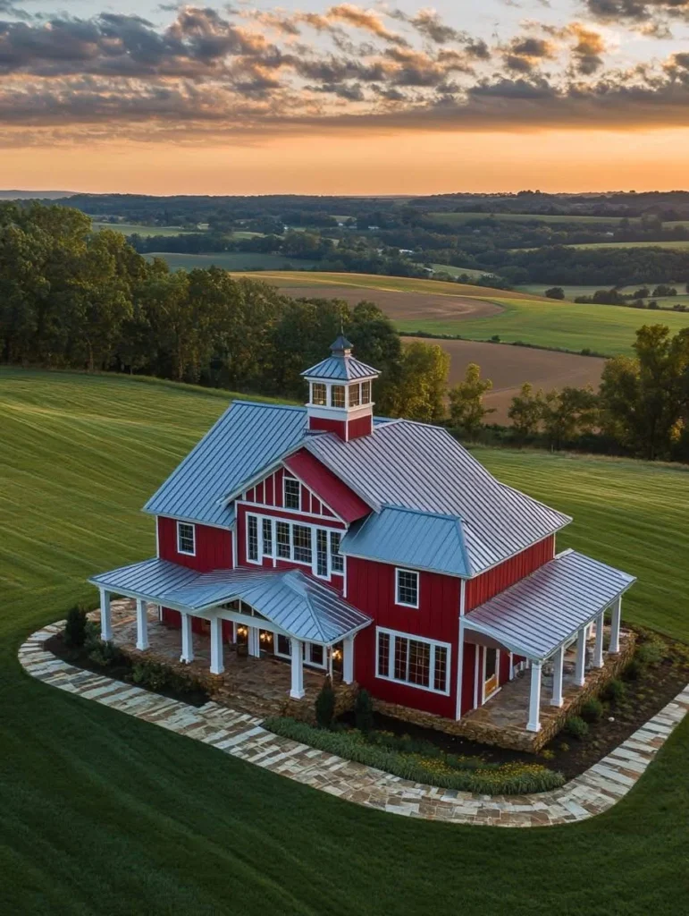 Classic red farmhouse barn with white trim and cupola.