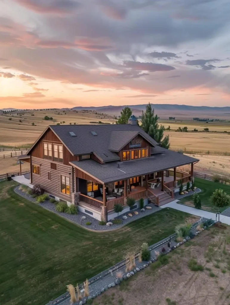 Rustic ranch-style farmhouse with wrap-around porch and expansive views.