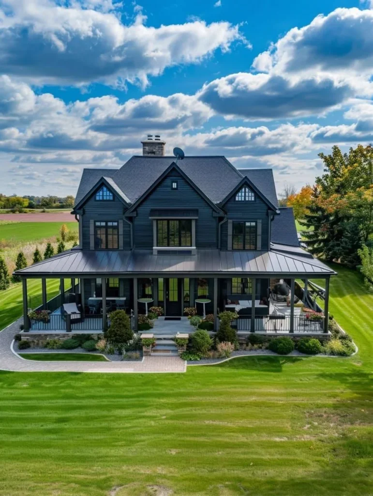 Dark-colored modern farmhouse with craftsman-style porch.