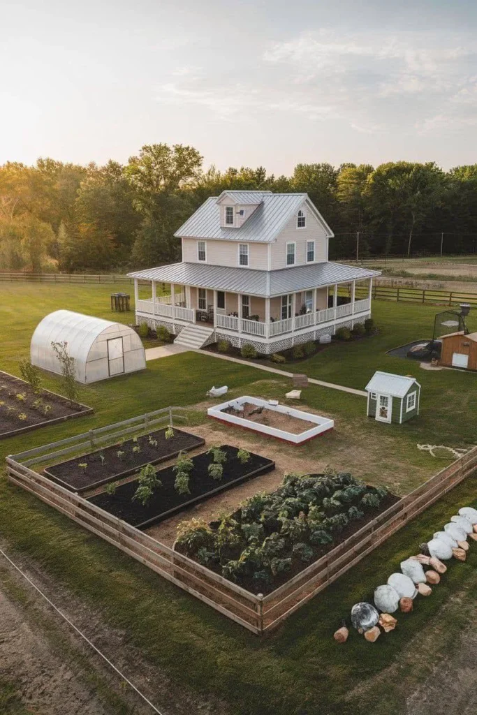 Classic farmhouse with wrap-around porch and large garden.