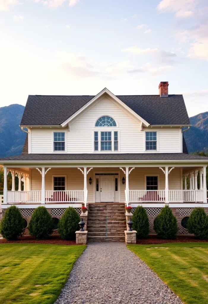 Symmetrical White Farmhouse Exterior