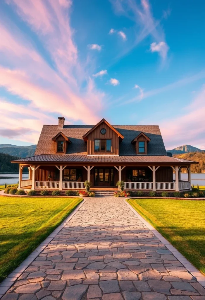 Farmhouse with Wood Accents and Stone Path