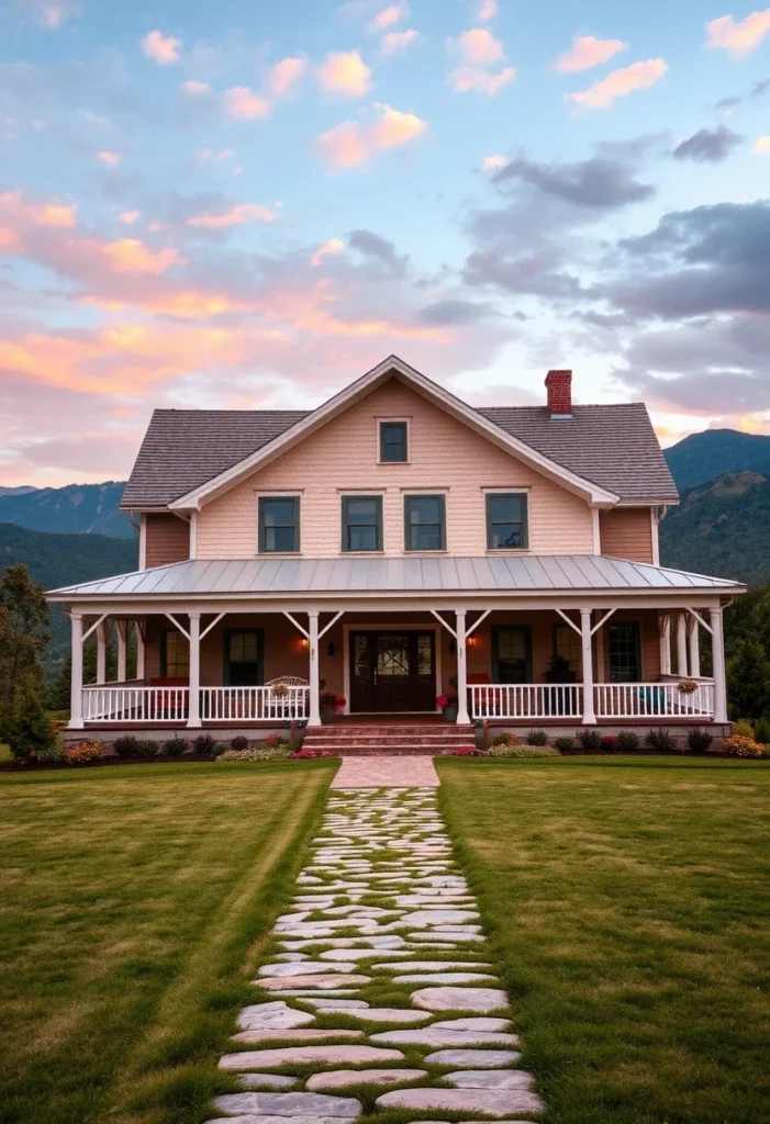 Charming Farmhouse with Stone Walkway and Porch