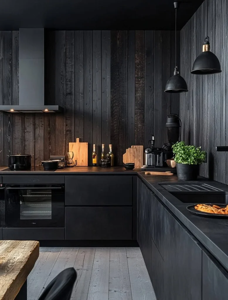 Black kitchen with vertical wood paneling and modern appliances.