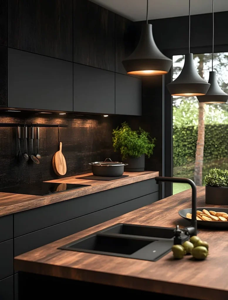 Black kitchen island with sink and wood countertop.