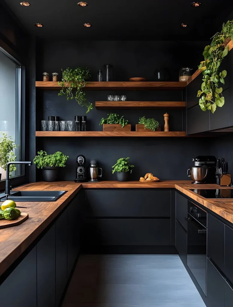 Black kitchen with open wood shelving and plants.