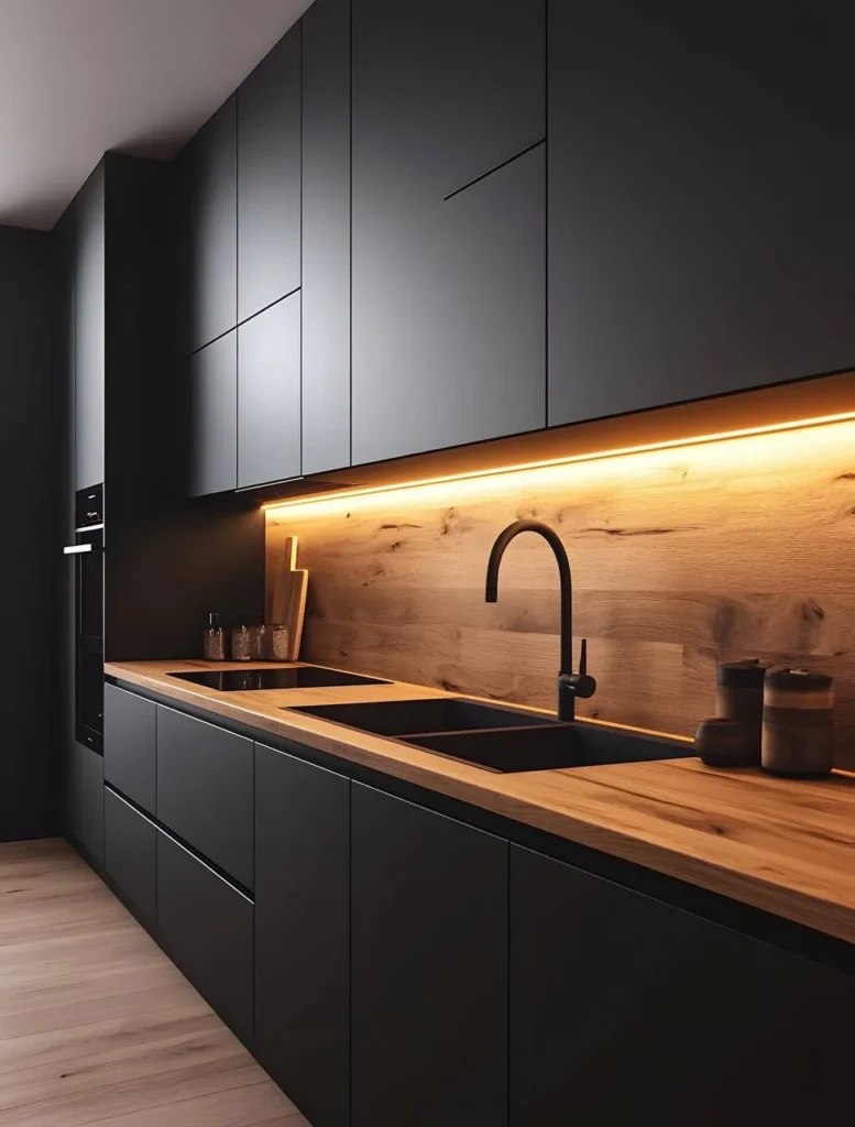 Black kitchen with illuminated wood backsplash.