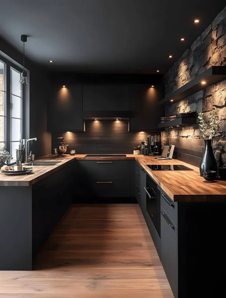 Black kitchen with a stone accent wall and wood countertops.