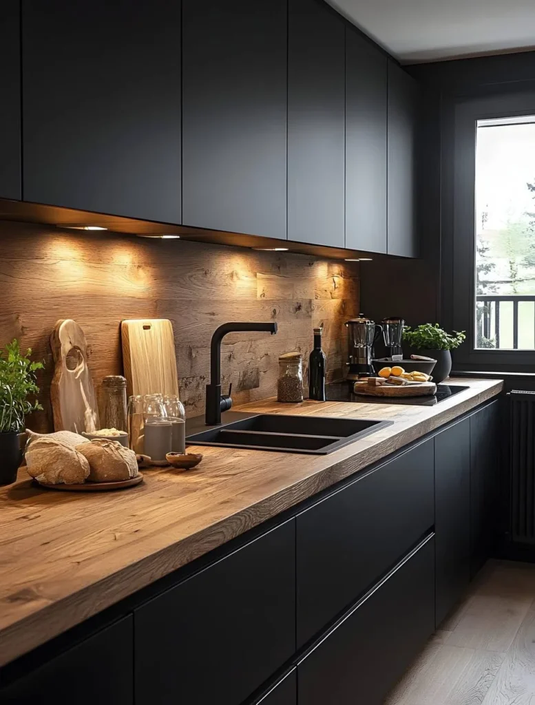 Black kitchen cabinets with black hardware and wood countertop.