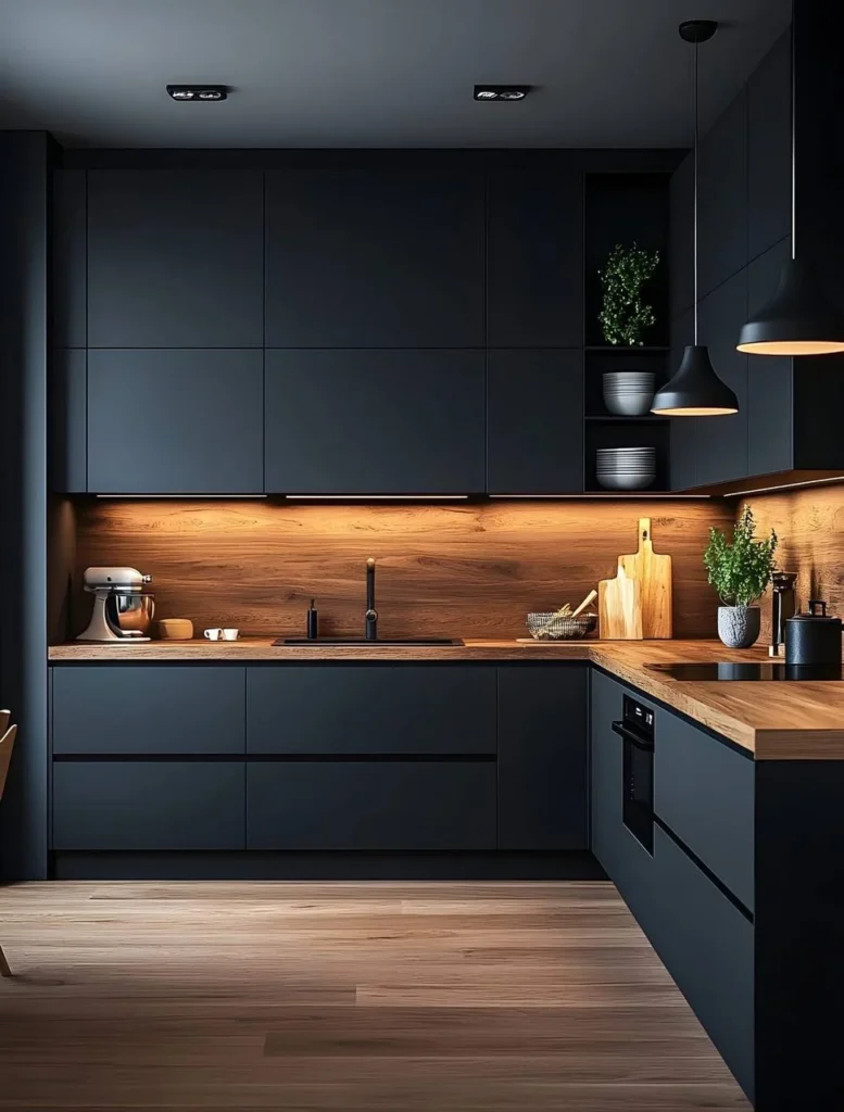 Black and wood kitchen with pendant lights.