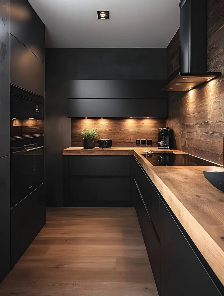 Black kitchen with integrated appliances and wood countertop.