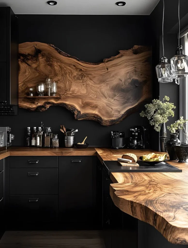 Black kitchen with live-edge wood backsplash art.