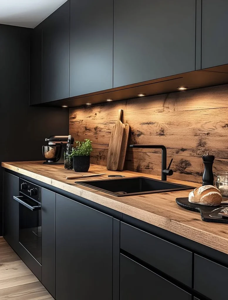 Modern black kitchen with wood countertop and backsplash.